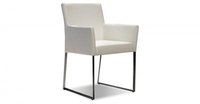 white vegan leather and stainless dining arm chair