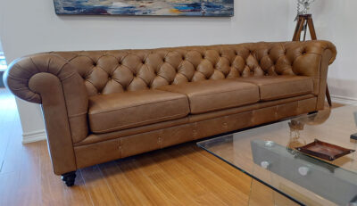 Champagne Tufted Leather Sofa